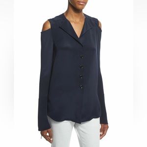 Derek Lam Cold Shoulder Button Front Contrast Cuff Silk Blouse Navy